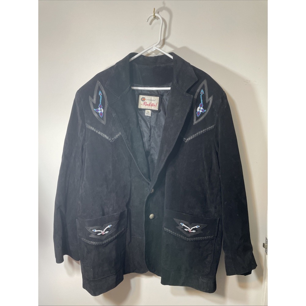 Chambers by‎ Ren Ellis Men's 48 Black Suede leather Beaded blazer made in Mexico